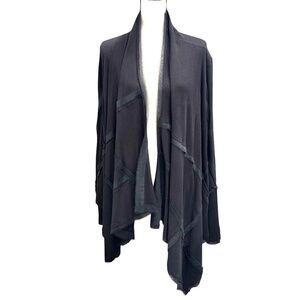 DONNA KARAN BLACK LABEL OPEN DRAPE FRONT ASYMMETRICAL HEM CARDIGAN W/ SILK TRIM